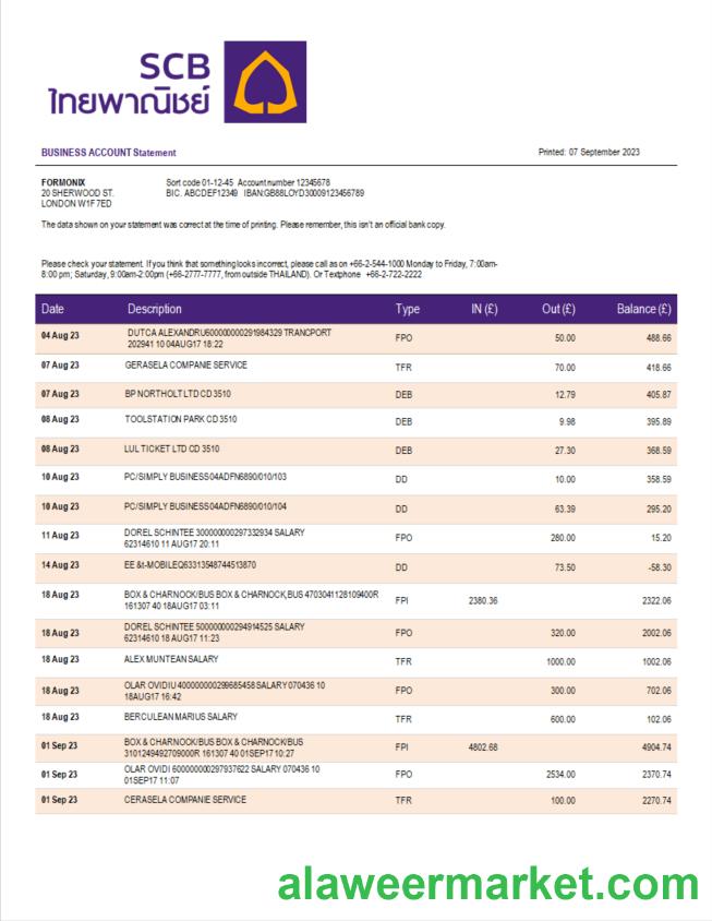 Siam Commercial Bank enterprise account statement Word and PDF template